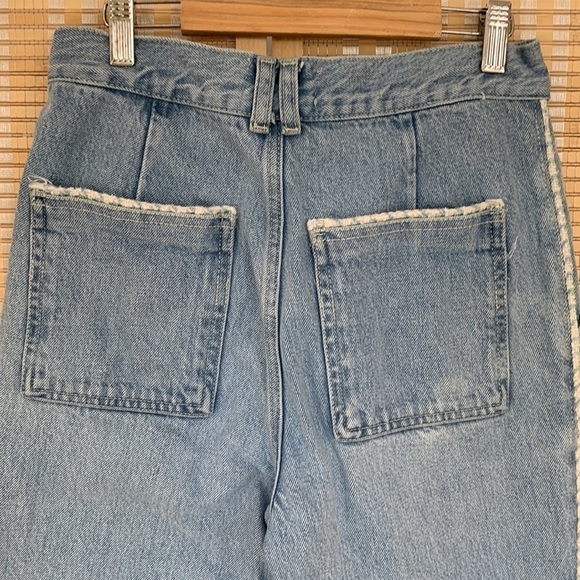 Zara, High Rise Tweed Trim Jewel Button Crop Wide Leg Light Wash Jeans, 26 - Picture 7 of 13